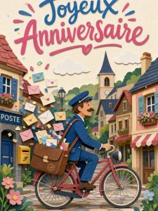 Carte anniversaire à imprimer animée : le vélo du facteur heureux