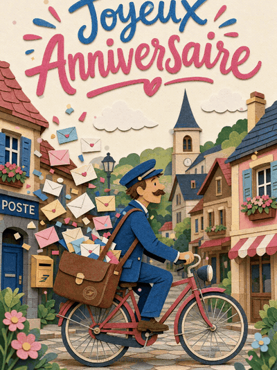 Carte anniversaire à imprimer animée : le vélo du facteur heureux