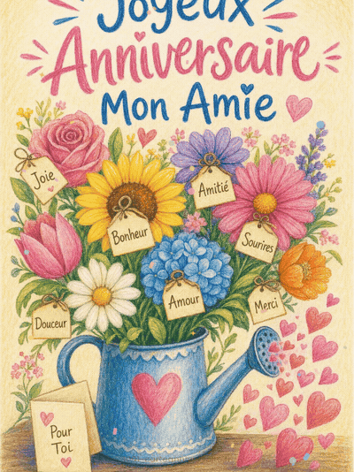 GIF animé : Carte joyeux anniversaire amie animée : un jardin de mots doux