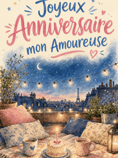 GIF animé : Carte joyeux anniversaire amoureuse animée : ciel étoilé sur le toit