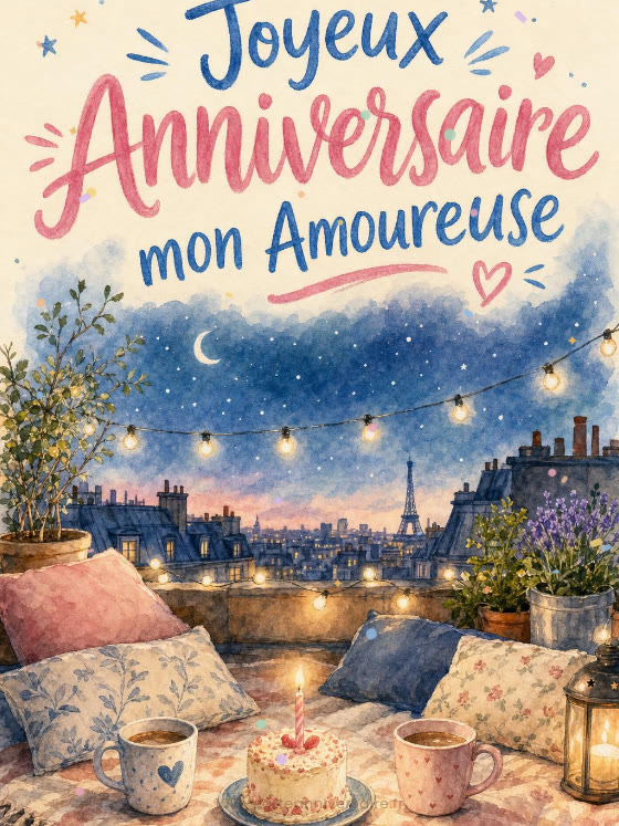 Image JPG : Carte joyeux anniversaire amoureuse animée : ciel étoilé sur le toit