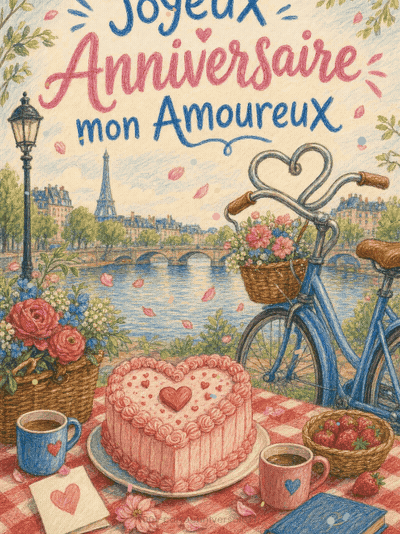 GIF animé : Carte joyeux anniversaire amoureux animée : pique-nique en bord d'eau
