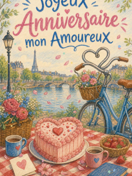 Image JPG : Carte joyeux anniversaire amoureux animée : pique-nique en bord d'eau
