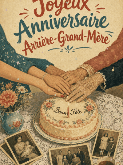 GIF animé : Carte joyeux anniversaire arrière-grand-mère animée : 4 générations
