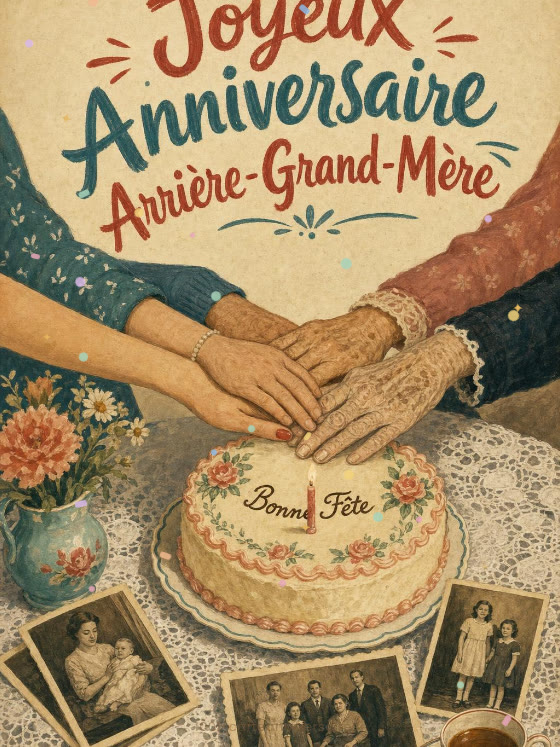 Image JPG : Carte joyeux anniversaire arrière-grand-mère animée : 4 générations