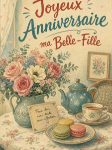 Carte joyeux anniversaire belle-fille animée : bouquet et thé complice