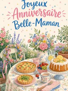 Carte joyeux anniversaire belle-maman animée : brunch fleuri d'honneur