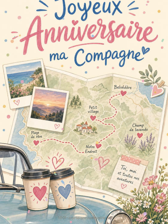Image JPG : Carte joyeux anniversaire compagne animée : notre plus belle aventure