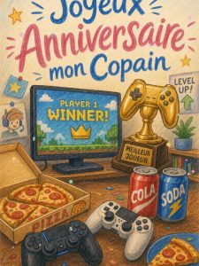 Carte joyeux anniversaire copain animée : pizza et manette d'or