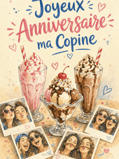 GIF animé : Carte joyeux anniversaire copine animée : milkshakes et fous rires
