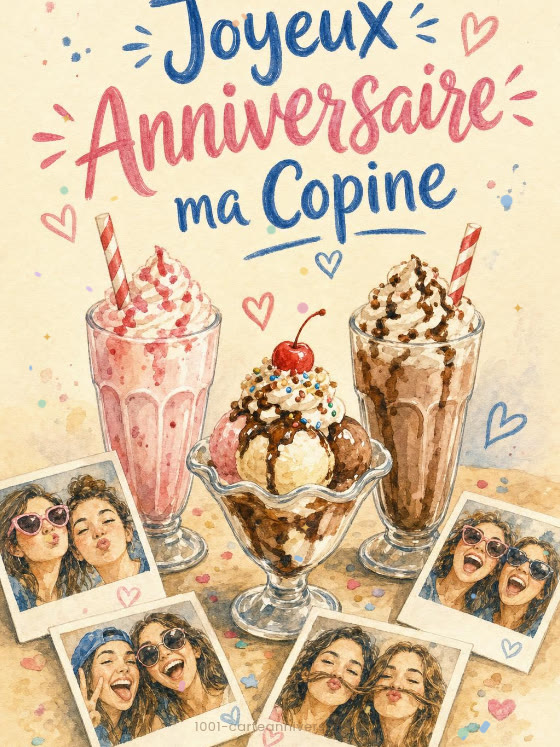 Image JPG : Carte joyeux anniversaire copine animée : milkshakes et fous rires