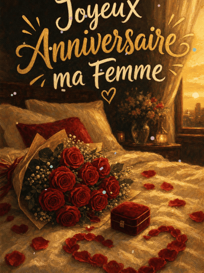 GIF animé : Carte joyeux anniversaire épouse animée : roses et écrin surprise
