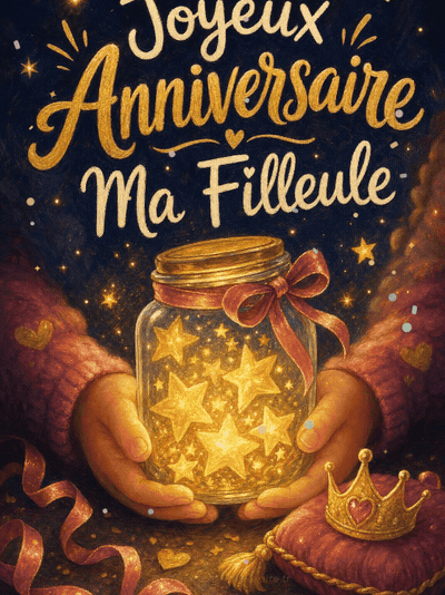 GIF animé : Carte joyeux anniversaire filleule animée : un bocal d'étoiles