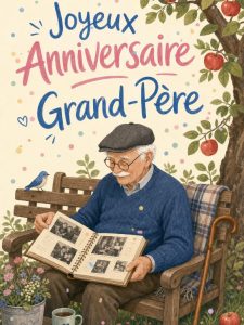 Carte joyeux anniversaire grand-père animée : banc du verger fleuri