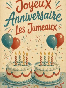 Carte joyeux anniversaire jumeaux animée : deux gâteaux, deux vœux