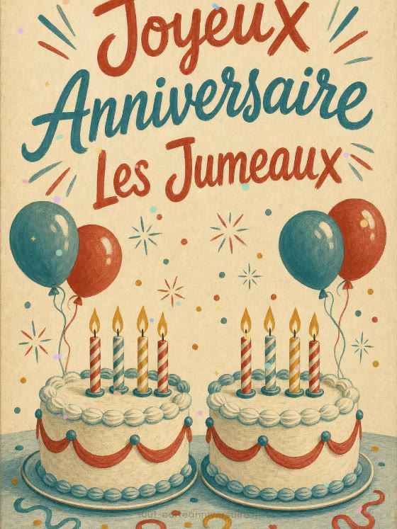Image JPG : Carte joyeux anniversaire jumeaux animée : deux gâteaux, deux vœux