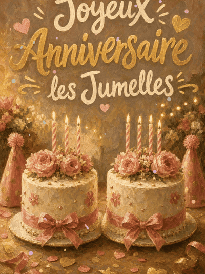GIF animé : Carte joyeux anniversaire jumelles animée : double gâteau, double fête