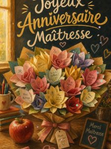 Carte joyeux anniversaire maîtresse animée : le bouquet de la classe