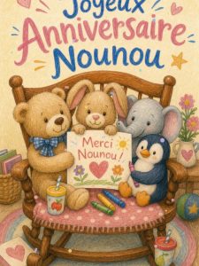 Carte joyeux anniversaire nounou animée : câlins, doudous et mercis