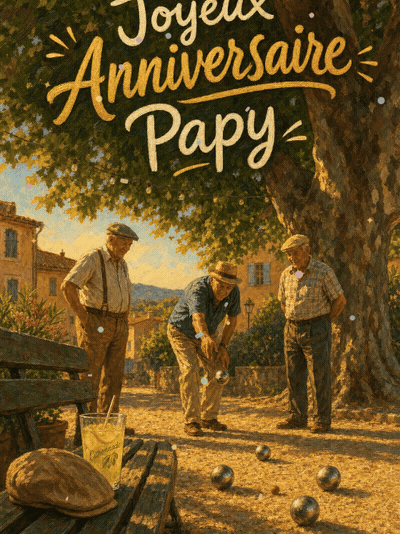 GIF animé : Carte joyeux anniversaire papy animée : la partie de pétanque de papy