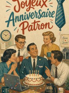 Carte joyeux anniversaire patron animée : pause gâteau au bureau