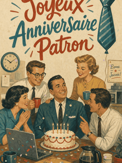 GIF animé : Carte joyeux anniversaire patron animée : pause gâteau au bureau