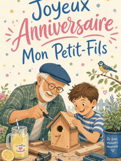GIF animé : Carte joyeux anniversaire petit fils animée : le nichoir du jardin