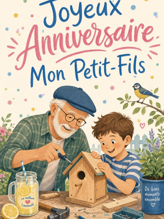 Image JPG : Carte joyeux anniversaire petit fils animée : le nichoir du jardin