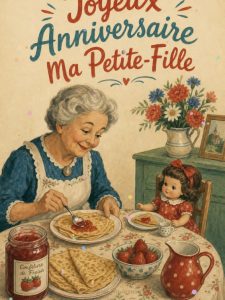 Carte joyeux anniversaire petite fille animée : crêpes et tendresse