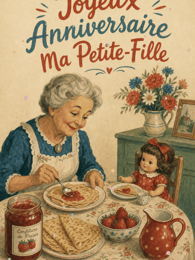 Carte joyeux anniversaire petite fille animée : crêpes et tendresse