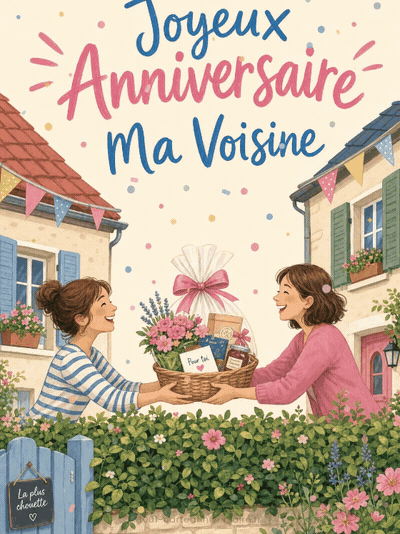 GIF animé : Carte joyeux anniversaire voisine animée : un panier sur la haie