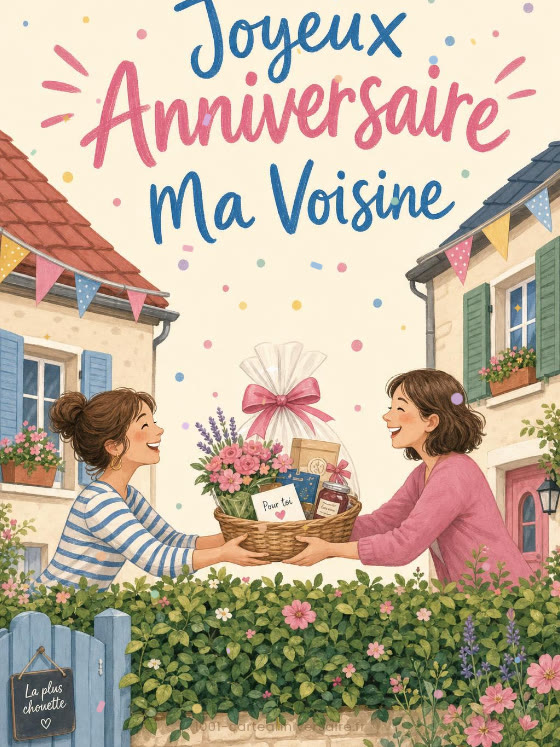 Image JPG : Carte joyeux anniversaire voisine animée : un panier sur la haie