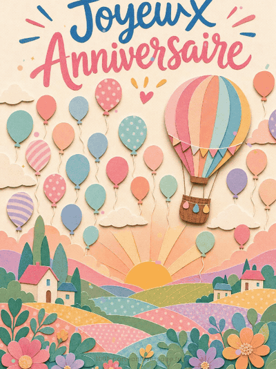 Carte anniversaire virtuelle animée : envolée de ballons au levant
