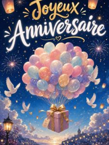 Carte anniversaire virtuelle animée : l'envolée de ballons pastel
