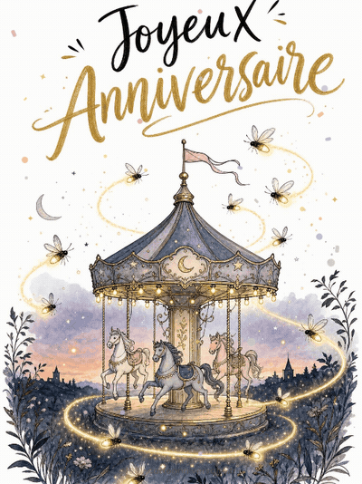 Carte anniversaire virtuelle animée : carrousel enchanté des lucioles
