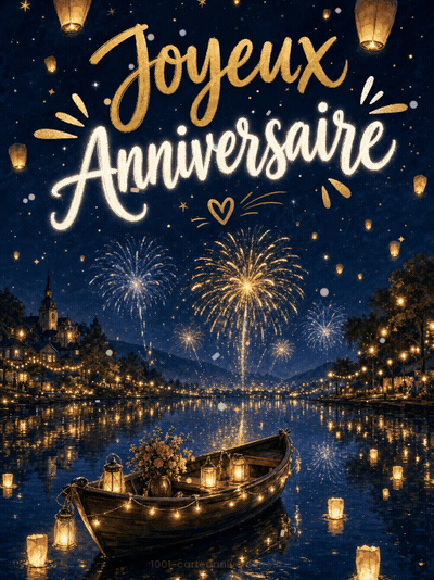 Carte anniversaire virtuelle animée : feu d'artifice au-dessus du lac