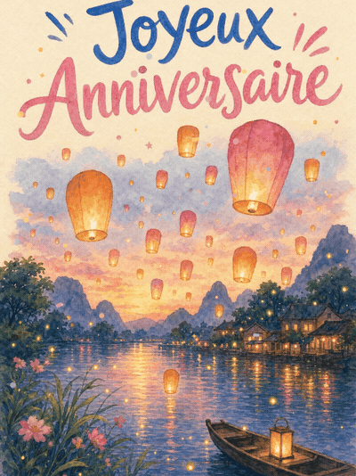 Carte anniversaire virtuelle animée : lanternes au fil de l'eau