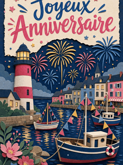 Carte anniversaire virtuelle animée : feu d'artifice sur le vieux port